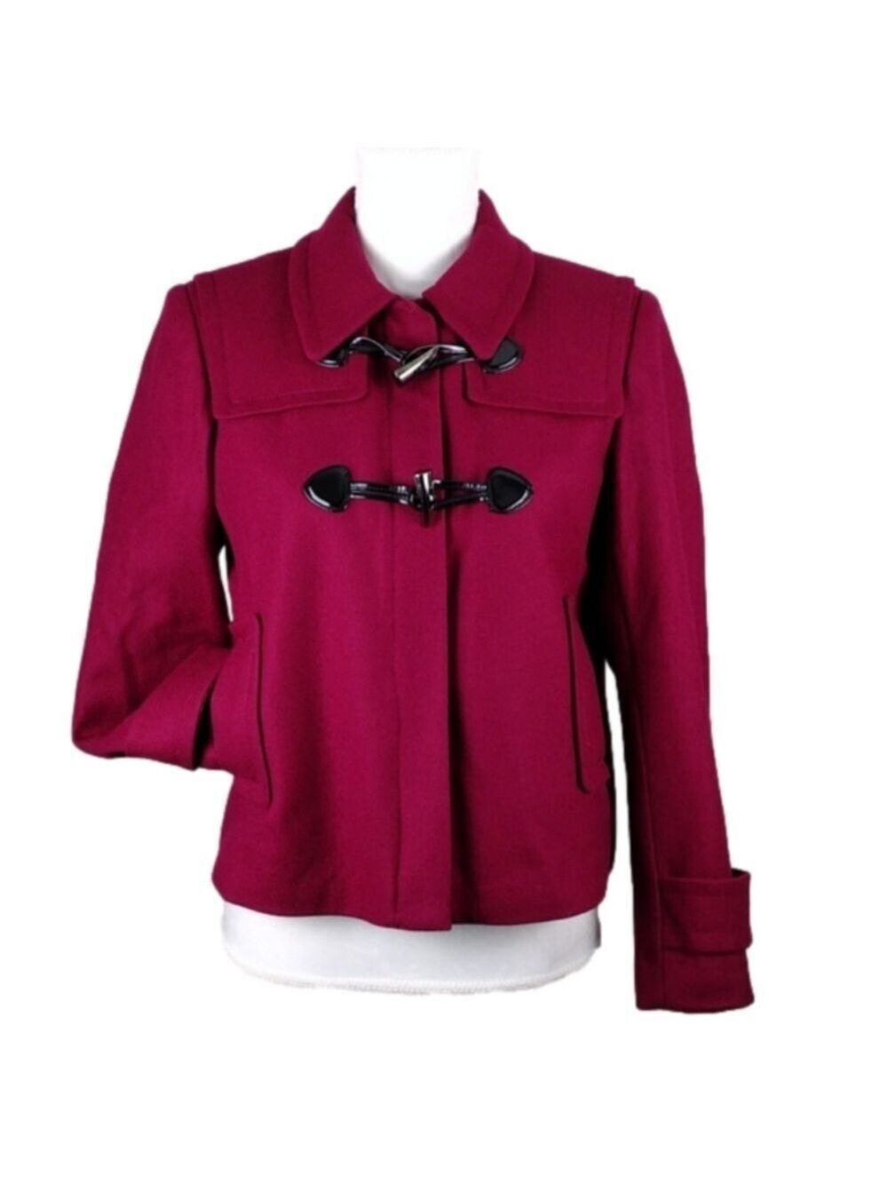 Calvin Klein Berry Wool Pointed Collar Long Cuffed Sleeve Toggle Zip Up Coat